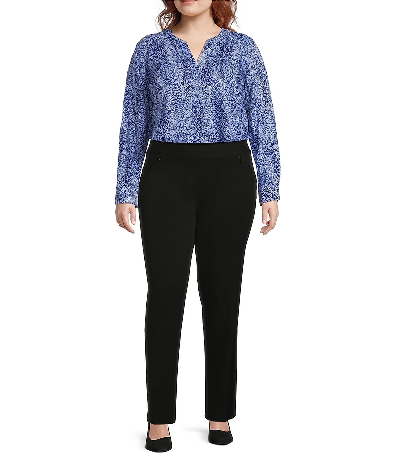 Investments Plus Size Nora Mazarine Scroll Long Sleeve Y-Neck Drapey Twill Blouse