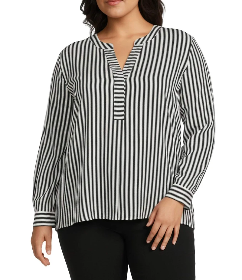 Investments Plus Size Nora Stripe Long Sleeve Y-Neck Drapey Twill Blouse