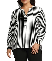 Investments Plus Size Nora Stripe Long Sleeve Y-Neck Drapey Twill Blouse