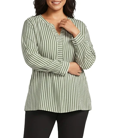 Investments Plus Size Nora Stripe Long Sleeve Y-Neck Drapey Twill Blouse