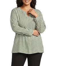 Investments Plus Size Nora Stripe Long Sleeve Y-Neck Drapey Twill Blouse