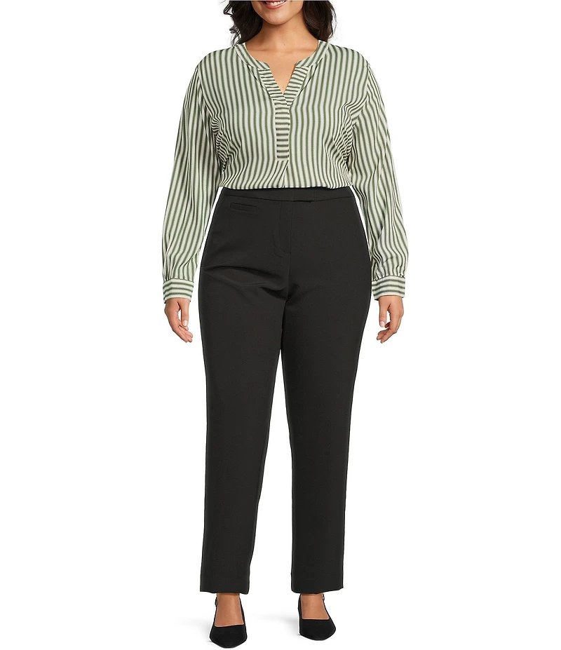 Investments Plus Size Nora Stripe Long Sleeve Y-Neck Drapey Twill Blouse