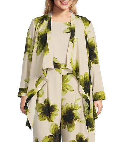 Investments Plus Size Watercolor Blooms Print Open Drape Front Long Sleeve Button Cuff Novelty Jacket
