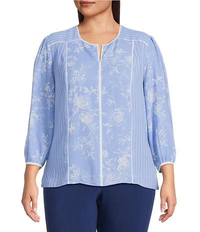 Investments Plus Size Paired Stripe Mixed Print 3/4 Sleeve Split Round Neck Blouse