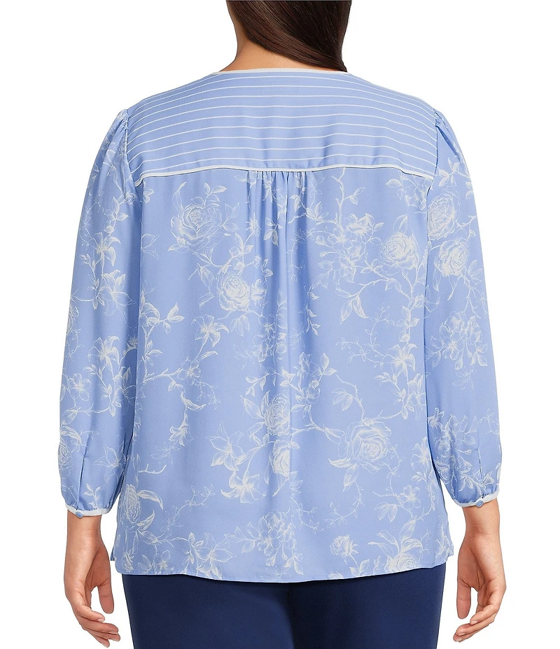 Investments Plus Size Paired Stripe Mixed Print 3/4 Sleeve Split Round Neck Blouse