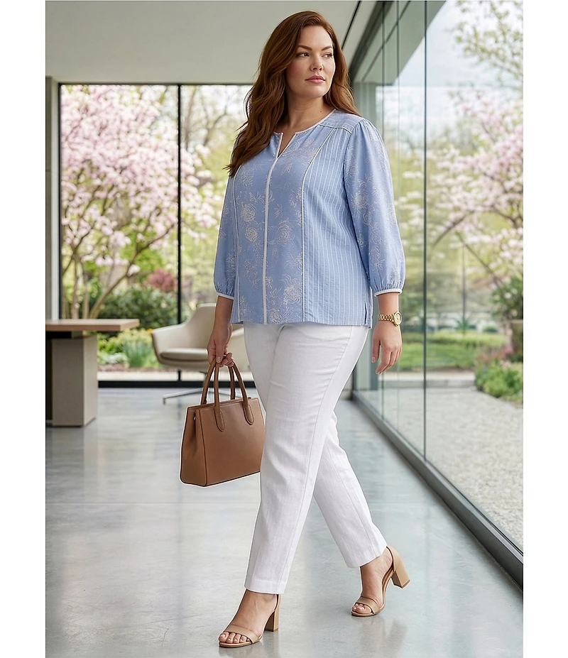 Investments Plus Size Paired Stripe Mixed Print 3/4 Sleeve Split Round Neck Blouse