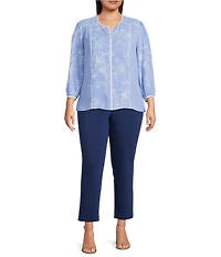 Investments Plus Size Paired Stripe Mixed Print 3/4 Sleeve Split Round Neck Blouse