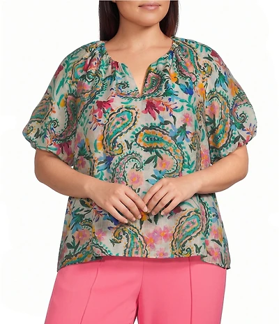 Investments Plus Size Paisley Swirl Print 3/4 Bubble Sleeve Split Round Neck Blouse
