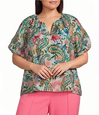 Investments Plus Size Paisley Swirl Print 3/4 Bubble Sleeve Split Round Neck Blouse