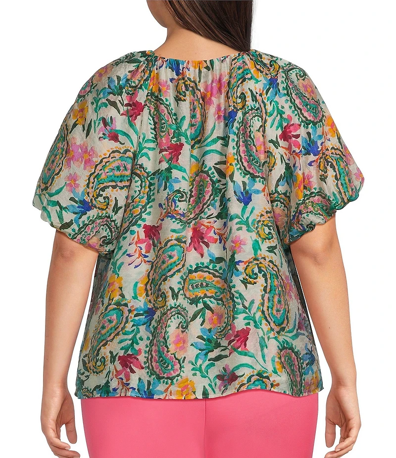 Investments Plus Size Paisley Swirl Print 3/4 Bubble Sleeve Split Round Neck Blouse