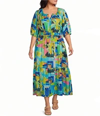 Investments Plus Size Palm Patch Short Cuff Sleeve Split Round Neck Maxi Crinkle Dress