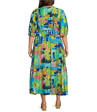 Investments Plus Size Palm Patch Short Cuff Sleeve Split Round Neck Maxi Crinkle Dress