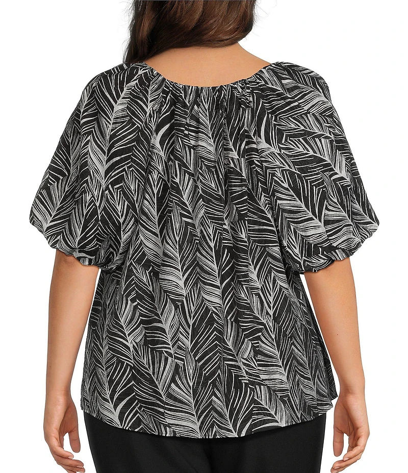 Investments Plus Size Palm Stencil Print 3/4 Bubble Sleeve Split Round Neck Blouse