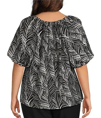 Investments Plus Size Palm Stencil Print 3/4 Bubble Sleeve Split Round Neck Blouse