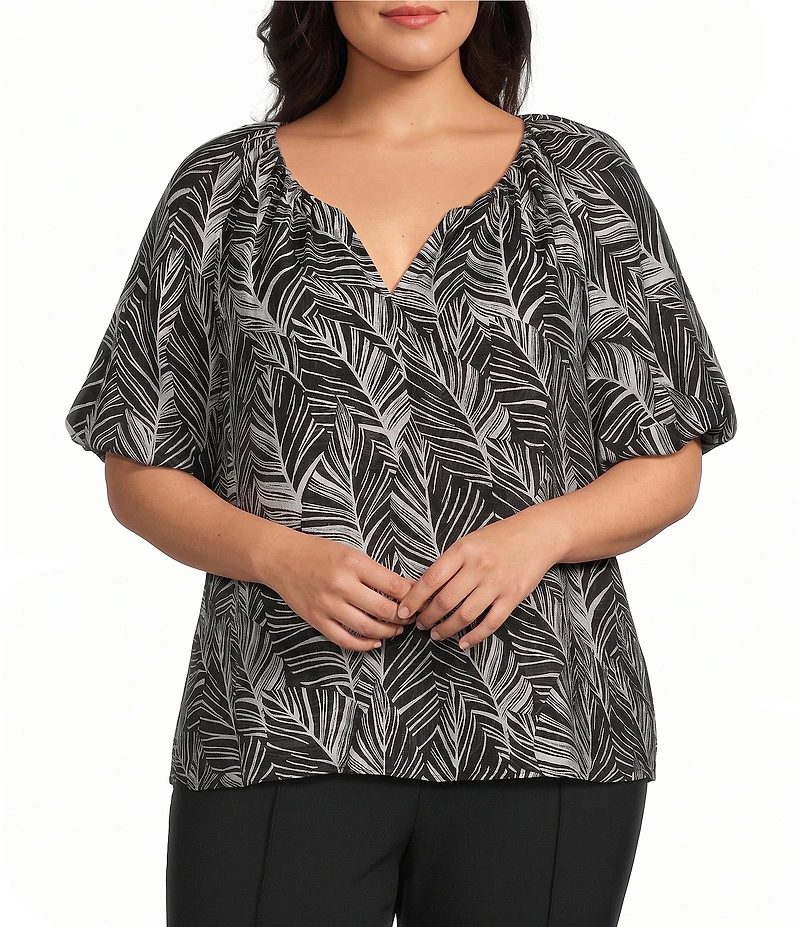 Investments Plus Size Palm Stencil Print 3/4 Bubble Sleeve Split Round Neck Blouse