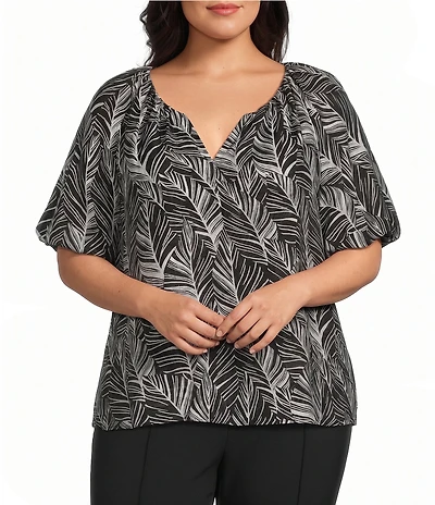Investments Plus Size Palm Stencil Print 3/4 Bubble Sleeve Split Round Neck Blouse