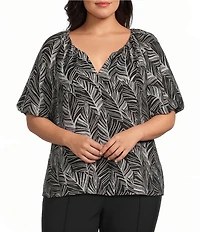 Investments Plus Size Palm Stencil Print 3/4 Bubble Sleeve Split Round Neck Blouse