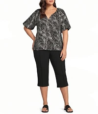 Investments Plus Size Palm Stencil Print 3/4 Bubble Sleeve Split Round Neck Blouse