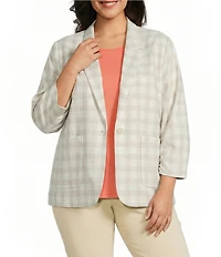 Investments Plus Size Plaid 3/4 Ruched Sleeve Notch Lapel Lined Button Front Blazer