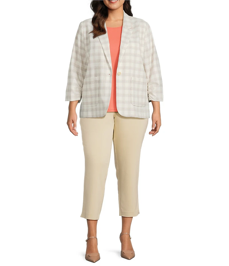 Investments Plus Size Plaid 3/4 Ruched Sleeve Notch Lapel Lined Button Front Blazer