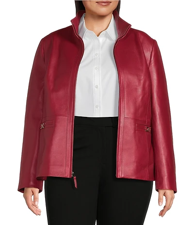 Investments Plus Size Platinum Suiting Genuine Lamb Leather Stand Collar Zip Front Long Sleeve Jacket