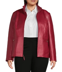 Investments Plus Size Platinum Suiting Genuine Lamb Leather Stand Collar Zip Front Long Sleeve Jacket