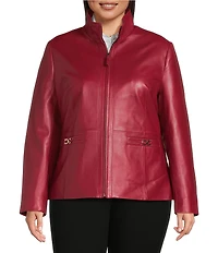Investments Plus Size Platinum Suiting Genuine Lamb Leather Stand Collar Zip Front Long Sleeve Jacket