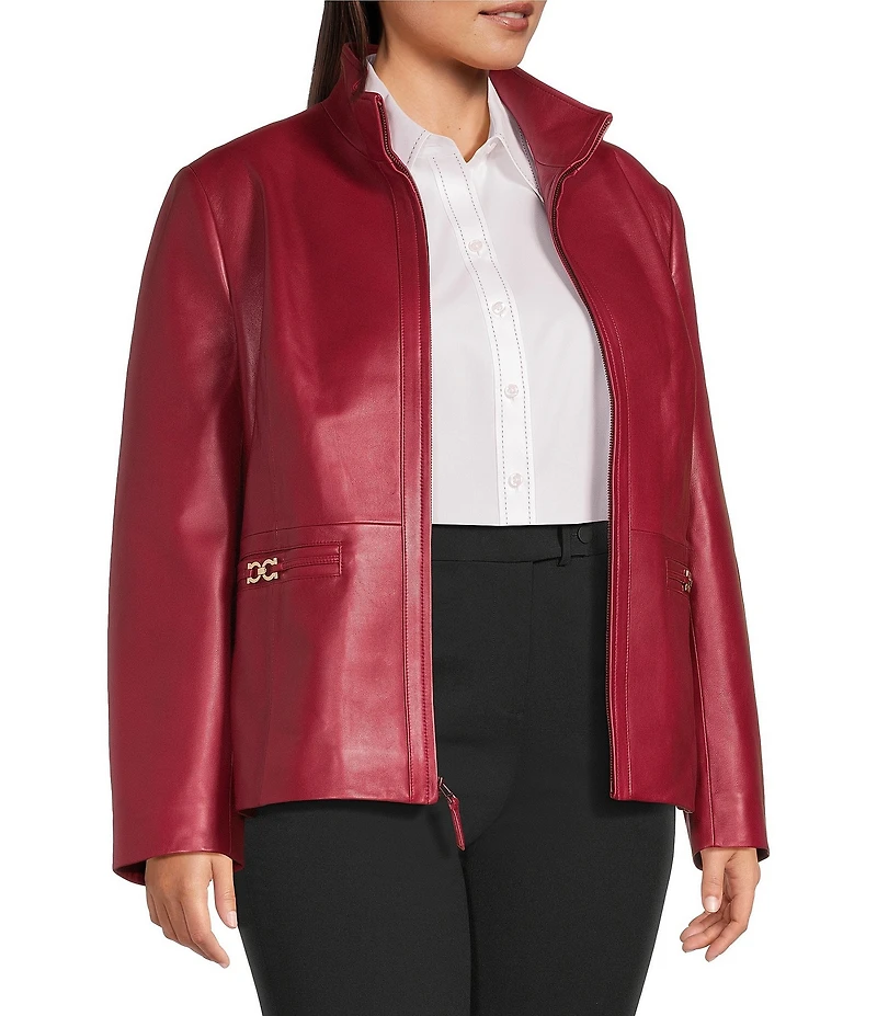 Investments Plus Size Platinum Suiting Genuine Lamb Leather Stand Collar Zip Front Long Sleeve Jacket
