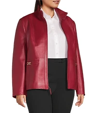 Investments Plus Size Platinum Suiting Genuine Lamb Leather Stand Collar Zip Front Long Sleeve Jacket