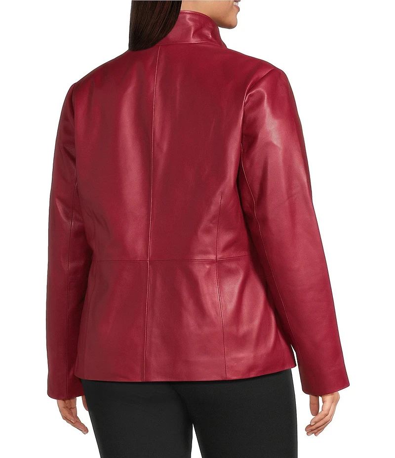 Investments Plus Size Platinum Suiting Genuine Lamb Leather Stand Collar Zip Front Long Sleeve Jacket