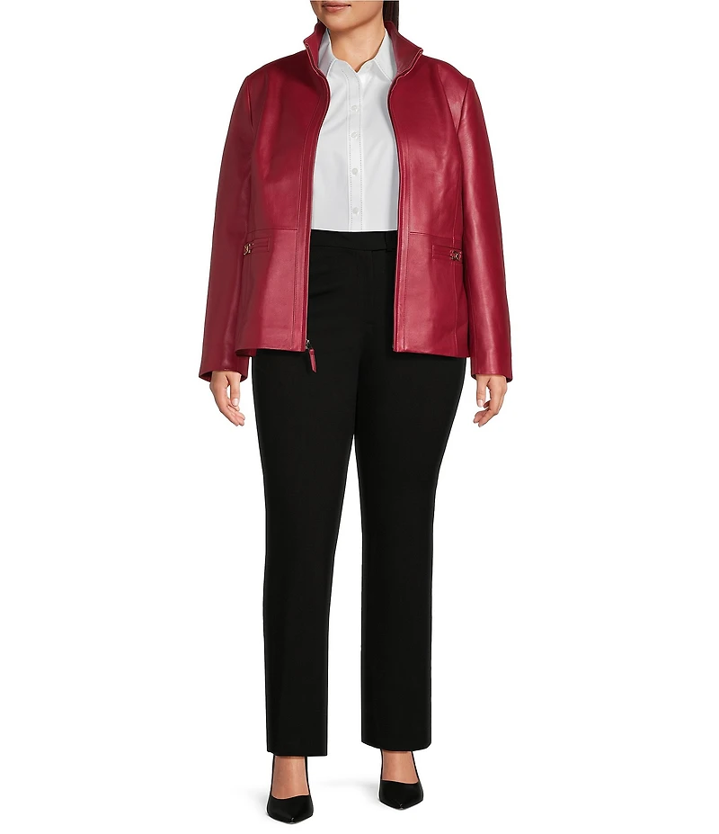 Investments Plus Size Platinum Suiting Genuine Lamb Leather Stand Collar Zip Front Long Sleeve Jacket
