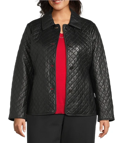 Investments Plus Size Platinum Suiting Quilted Genuine Lamb Leather Point Collar Button Front Long Sleeve Jacket