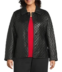 Investments Plus Size Platinum Suiting Quilted Genuine Lamb Leather Point Collar Button Front Long Sleeve Jacket