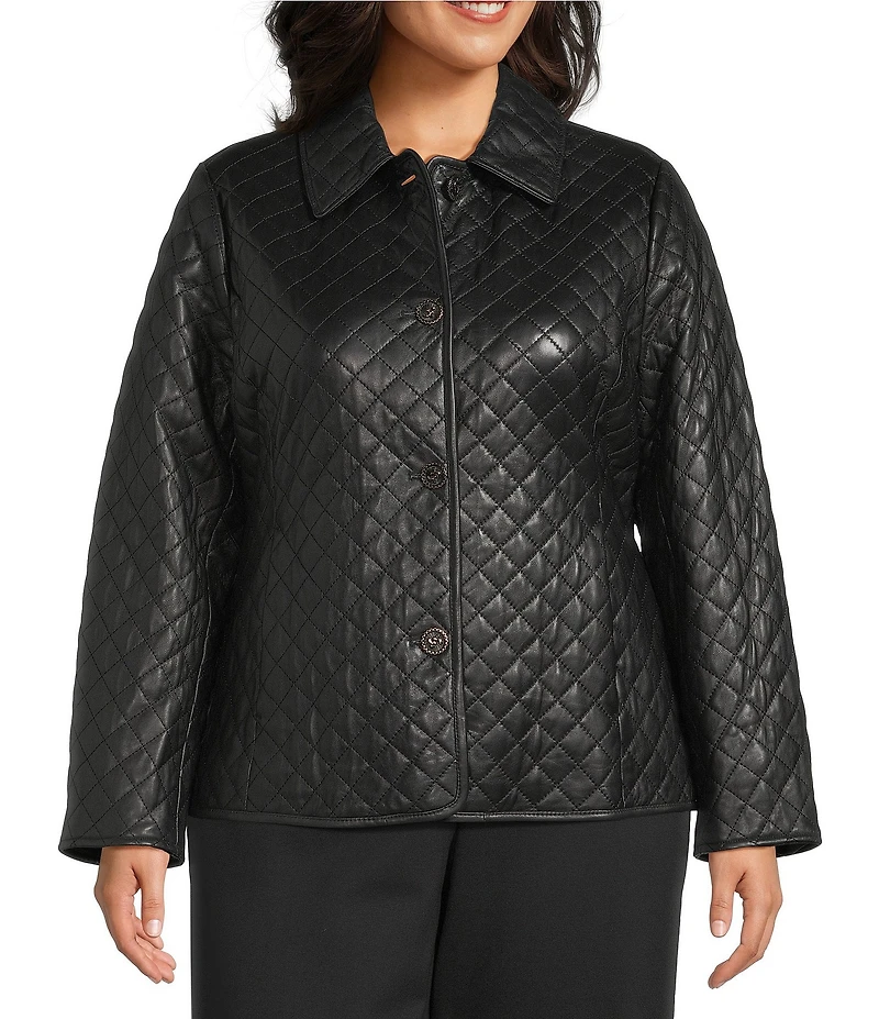 Investments Plus Size Platinum Suiting Quilted Genuine Lamb Leather Point Collar Button Front Long Sleeve Jacket