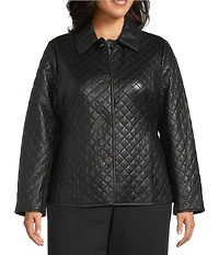 Investments Plus Size Platinum Suiting Quilted Genuine Lamb Leather Point Collar Button Front Long Sleeve Jacket