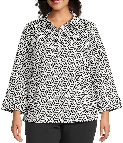 Investments Plus Size Rachel Black/White Geo Print 3/4 Sleeve Point Collar Button Front Shirt