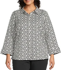 Investments Plus Size Rachel Black/White Geo Print 3/4 Sleeve Point Collar Button Front Shirt