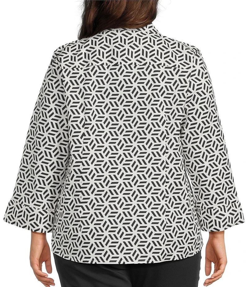 Investments Plus Size Rachel Black/White Geo Print 3/4 Sleeve Point Collar Button Front Shirt