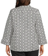 Investments Plus Size Rachel Black/White Geo Print 3/4 Sleeve Point Collar Button Front Shirt