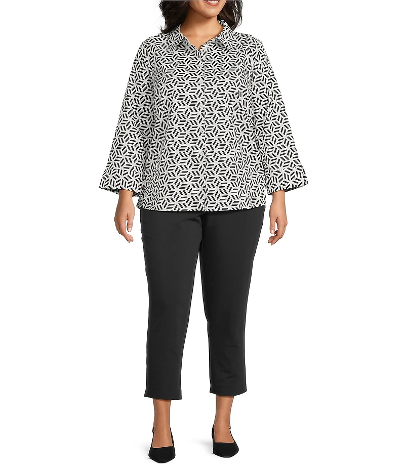 Investments Plus Size Rachel Black/White Geo Print 3/4 Sleeve Point Collar Button Front Shirt