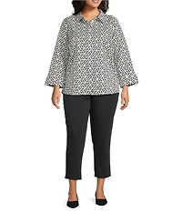 Investments Plus Size Rachel Black/White Geo Print 3/4 Sleeve Point Collar Button Front Shirt