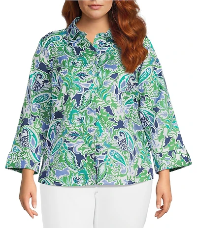 Investments Plus Size Rachel Multi Paisley Delight Print 3/4 Sleeve Point Collar Button Front Shirt