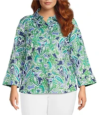 Investments Plus Size Rachel Multi Paisley Delight Print 3/4 Sleeve Point Collar Button Front Shirt