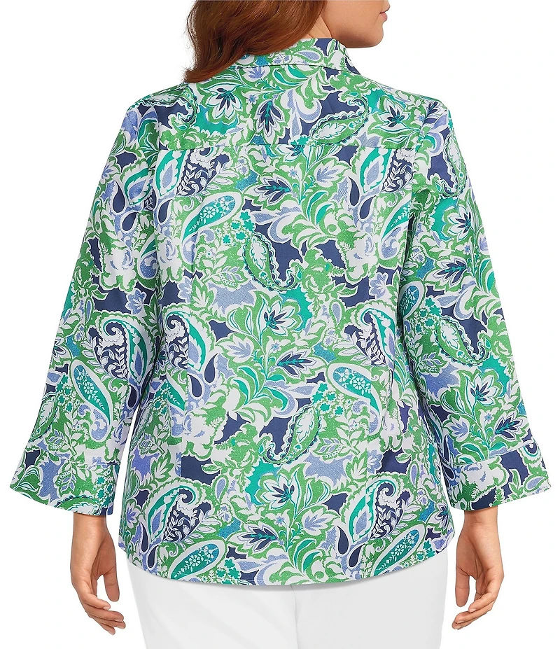 Investments Plus Size Rachel Multi Paisley Delight Print 3/4 Sleeve Point Collar Button Front Shirt