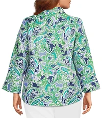 Investments Plus Size Rachel Multi Paisley Delight Print 3/4 Sleeve Point Collar Button Front Shirt