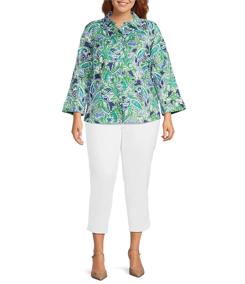 Investments Plus Size Rachel Multi Paisley Delight Print 3/4 Sleeve Point Collar Button Front Shirt