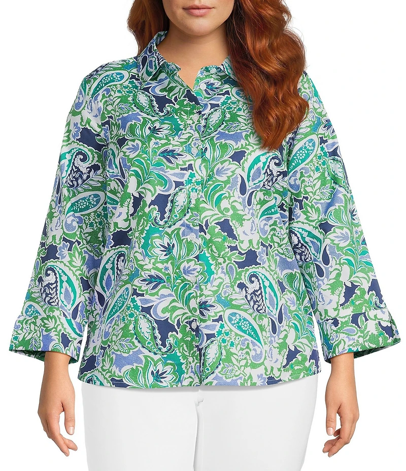 Investments Plus Size Rachel Multi Paisley Delight Print 3/4 Sleeve Point Collar Button Front Shirt