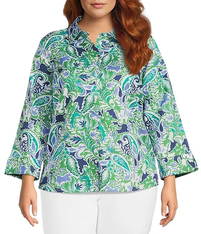 Investments Plus Size Rachel Multi Paisley Delight Print 3/4 Sleeve Point Collar Button Front Shirt
