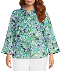 Investments Plus Size Rachel Multi Paisley Delight Print 3/4 Sleeve Point Collar Button Front Shirt