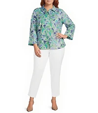 Investments Plus Size Rachel Multi Paisley Delight Print 3/4 Sleeve Point Collar Button Front Shirt